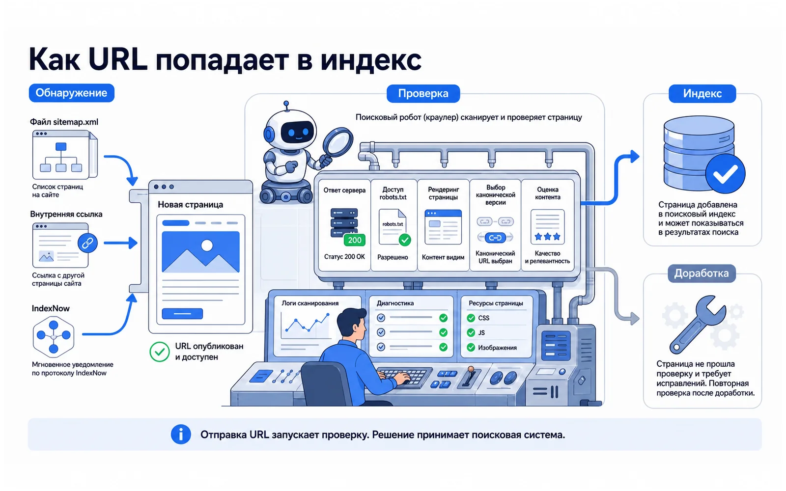 Путь страницы от обнаружения через сканирование, рендеринг, выбор canonical и оценку содержания до индекса или доработки