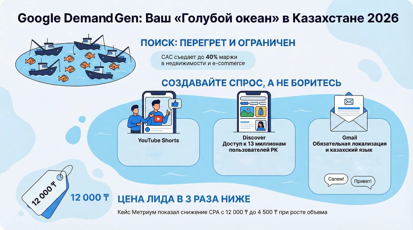 Инфографика: стратегия голубого океана в google demand gen для казахстана со снижением цены лида с 12000 до 4500 тенге.