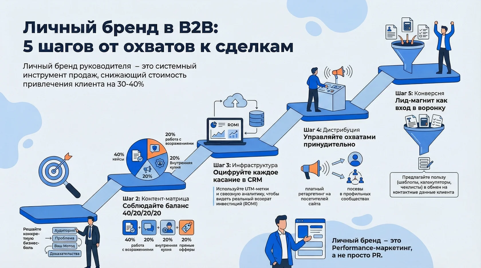 Инфографика: 5 шагов построения личного бренда в b2b от охватов к сделкам для системных продаж.