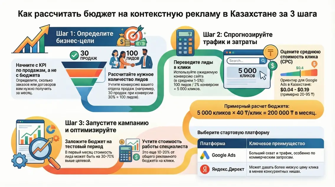 Инфографика Как рассчитать бюджет на контекстную рекламу в Казахстане за 3 шага