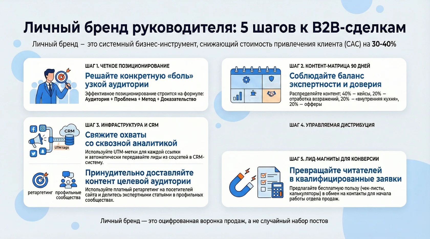 Инфографика: 5 шагов развития личного бренда руководителя для b2b-сделок и снижения cac на 30-40%.