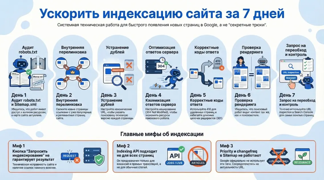Инфографика: детальный семидневный график технической оптимизации сайта и разбор трех популярных мифов об индексации
