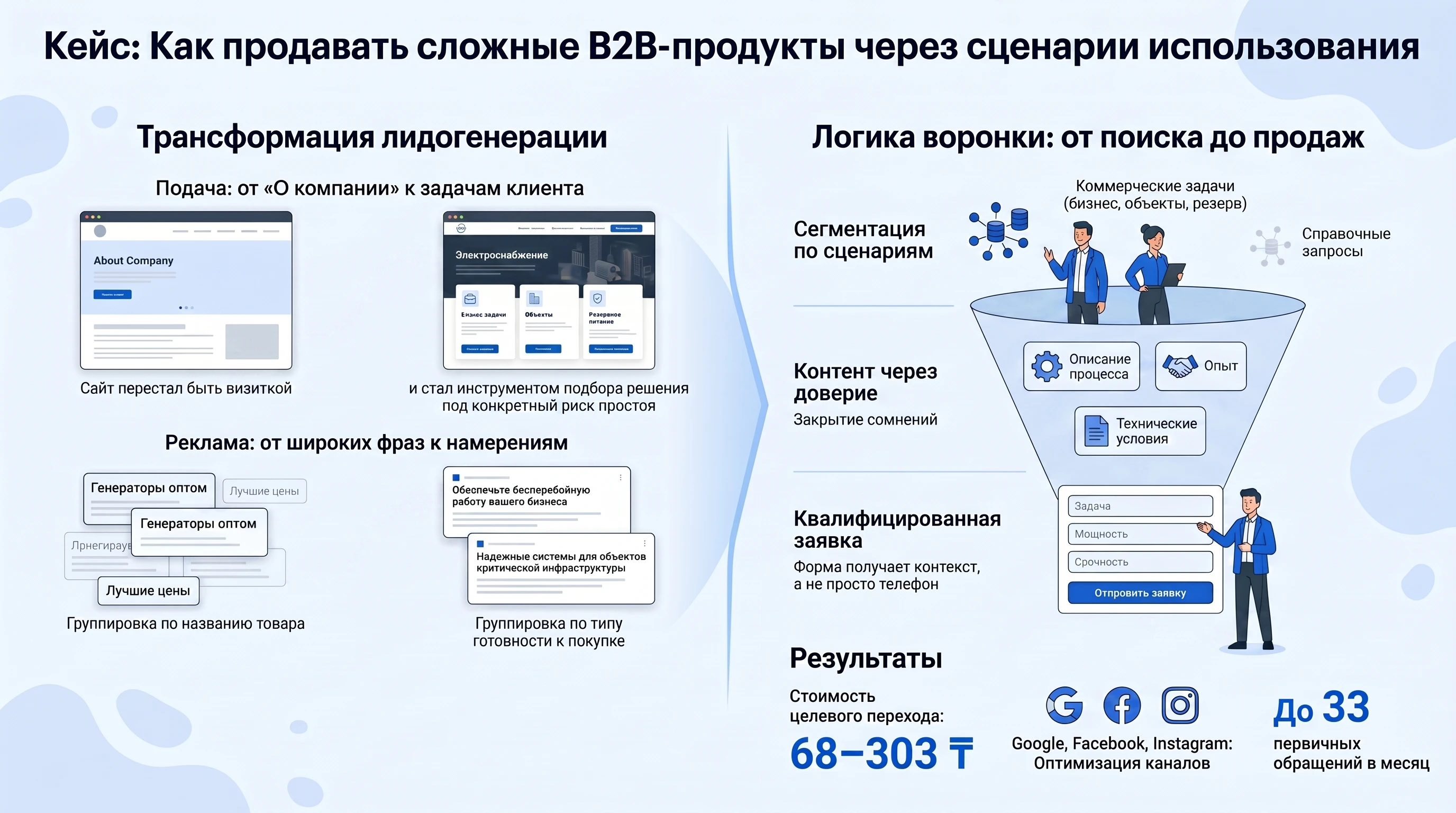 Инфографика B2B-продаж через сценарии использования для поставщика генераторов: сайт, рекламные запросы, сегментация спроса, форма заявки и показатели 68-303 тенге, до 33 обращений в месяц