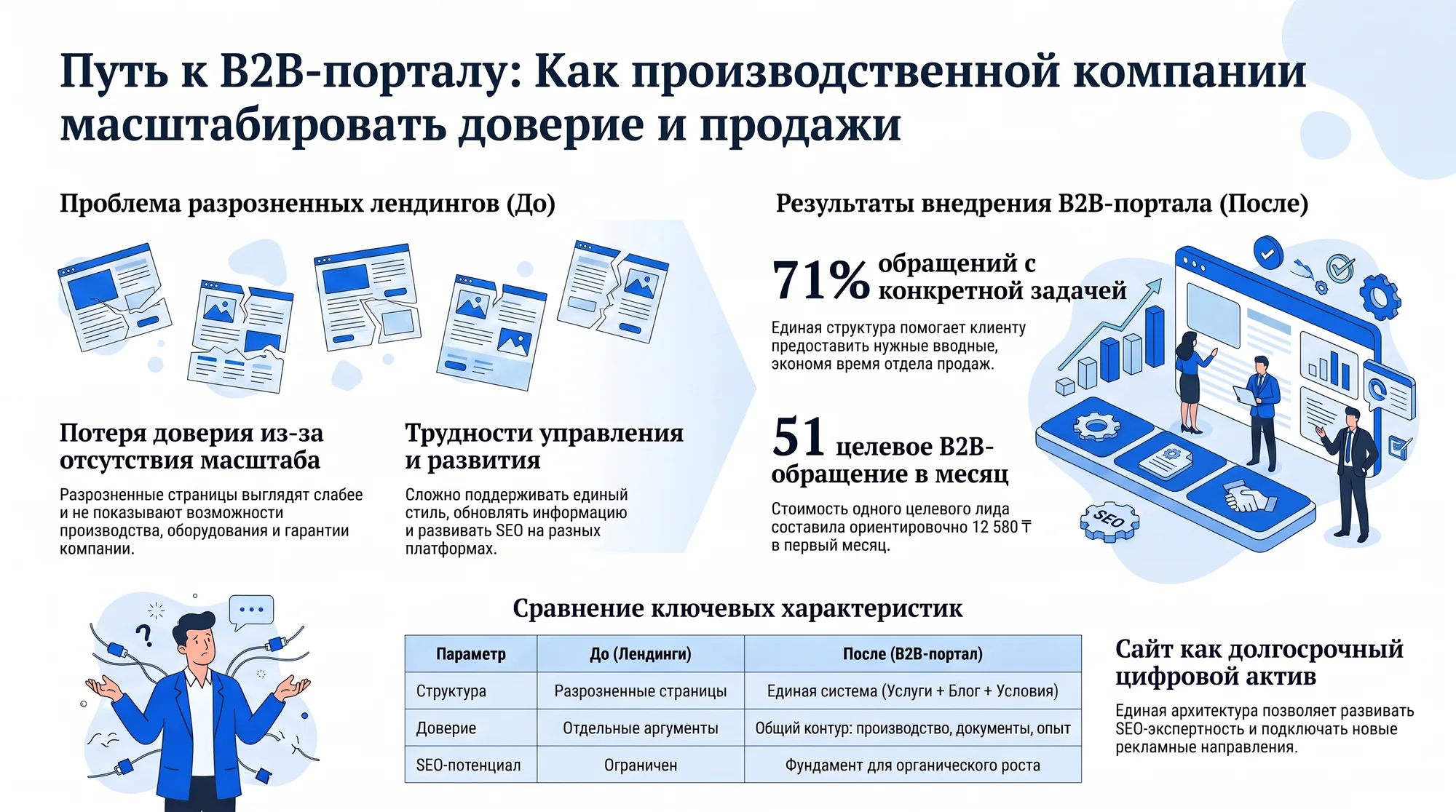 Инфографика: путь производственной компании от разрозненных лендингов к B2B-порталу
