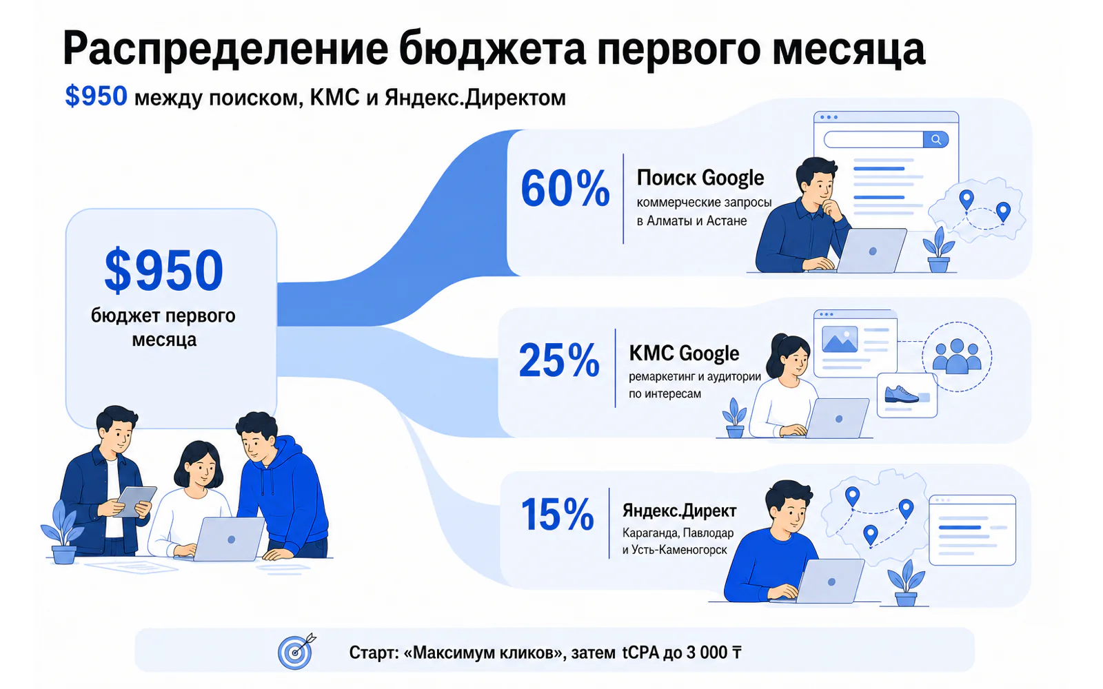 Распределение рекламного бюджета 950 долларов между поиском Google, КМС и Яндекс Директом.