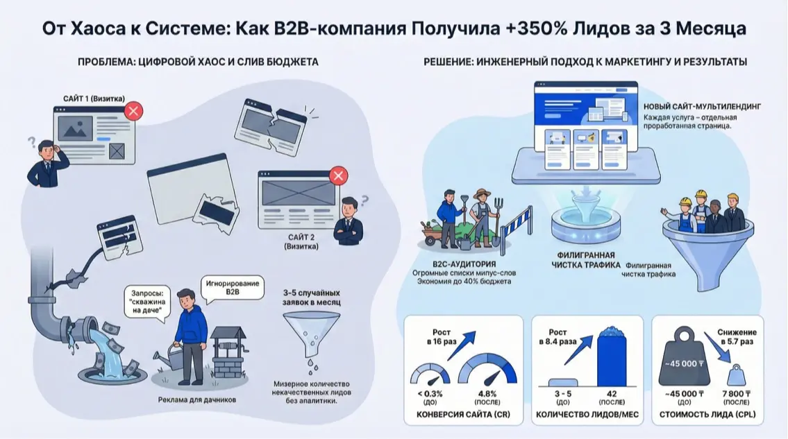 Инфографика: От хаоса к системе: как B2B-компания получила +350% лидов за 3 месяца
