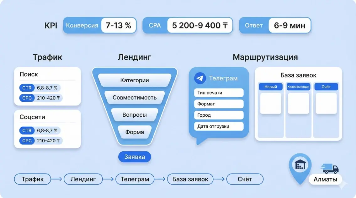 Инфографика: Лидогенерация полиграфии: трафик, лендинг, Telegram, CRM, счёт - кейс маркетингового агентства Метриум