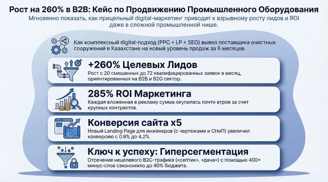 Инфографика: итоги кейса в цифрах — рост лидов на 260%, ROI 285% и пятикратное увеличение конверсии сайта.