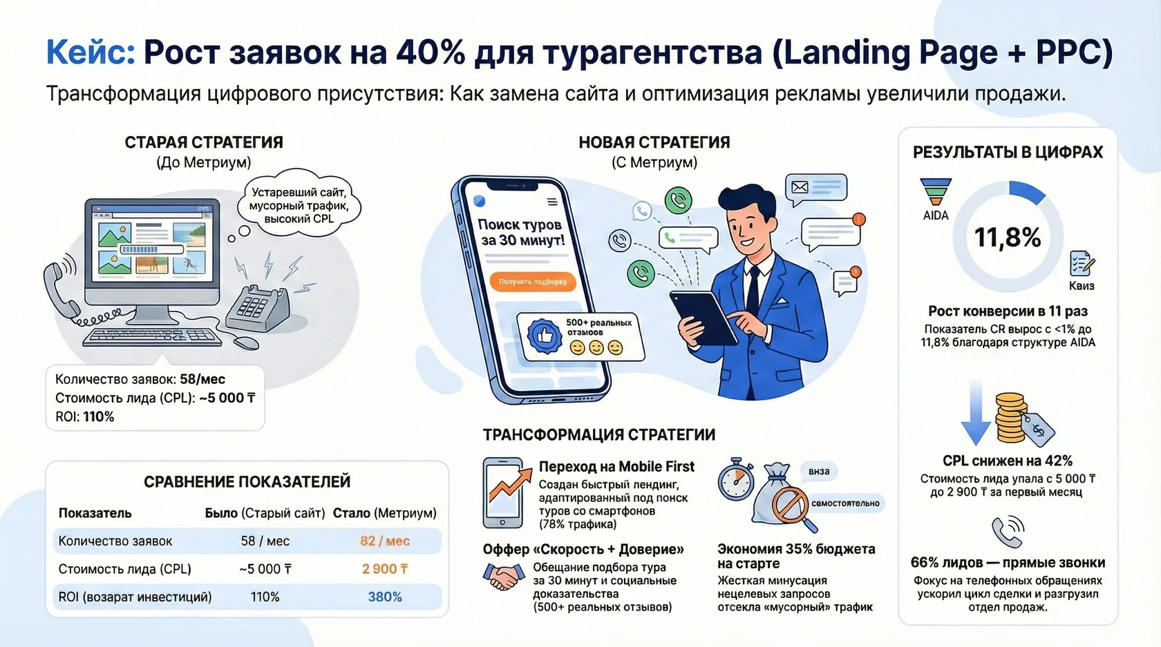 Инфографика: кейс, рост заявок на 40% для турагентства, лендинг-пейдж и контекстная реклама. 