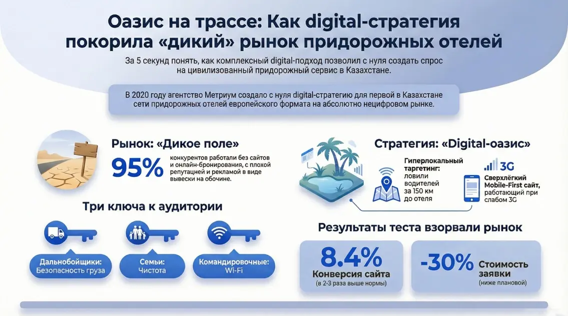 Инфографика: результаты внедрения digital-стратегии для сети придорожных отелей в Казахстане от агентства Метриум