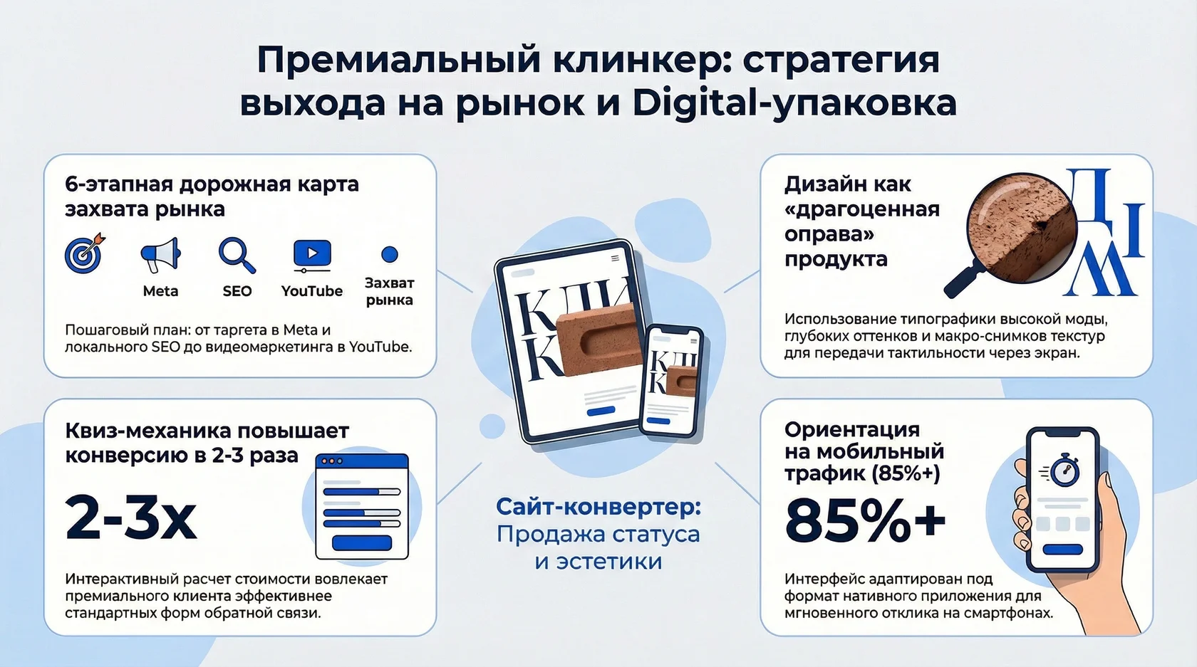 Инфографика: digital-упаковка премиального клинкера, 6 этапов захвата рынка, квизы и 85% мобильного трафика