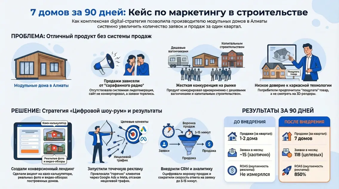 Основные этапы реализации стратегии «Цифровой шоу-рум» и итоговый рост заявок до 118 в месяц.