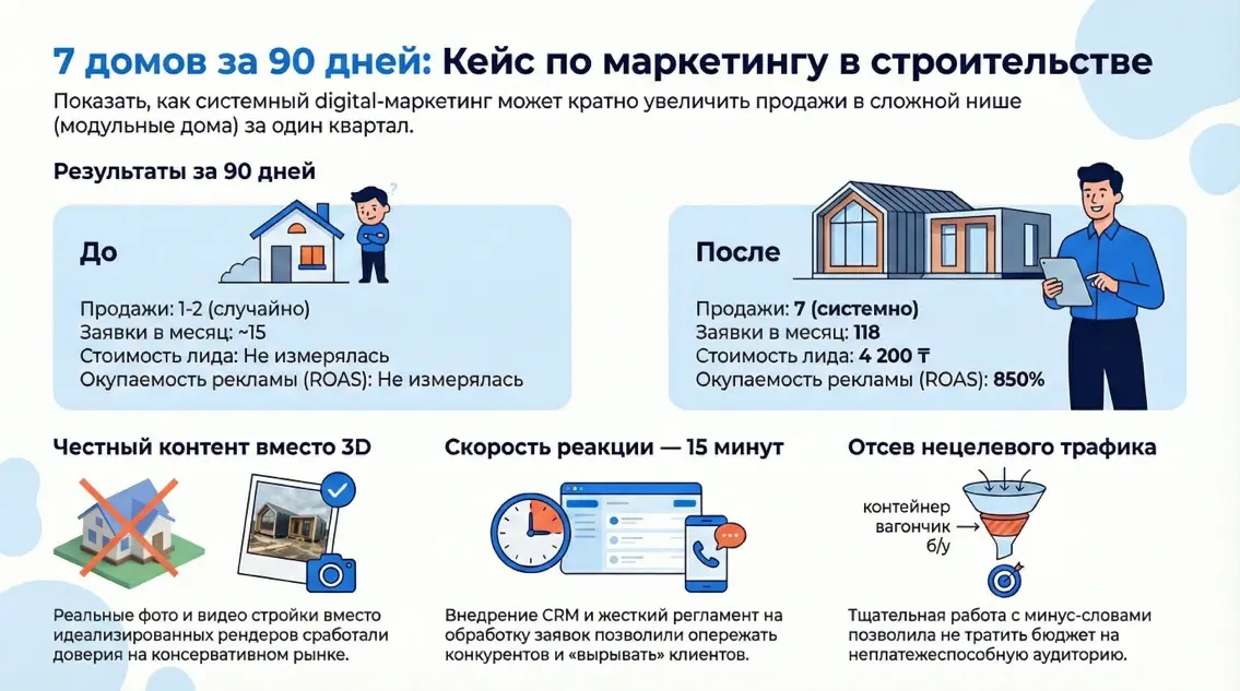 Инфографика: результаты кейса по маркетингу модульных домов, рост продаж с 1-2 до 7 за 90 дней и окупаемость рекламы 850%.