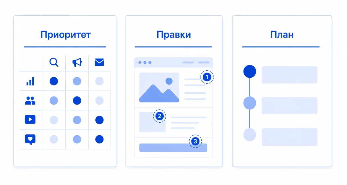 Три листа плана продвижения: приоритет, правки и план