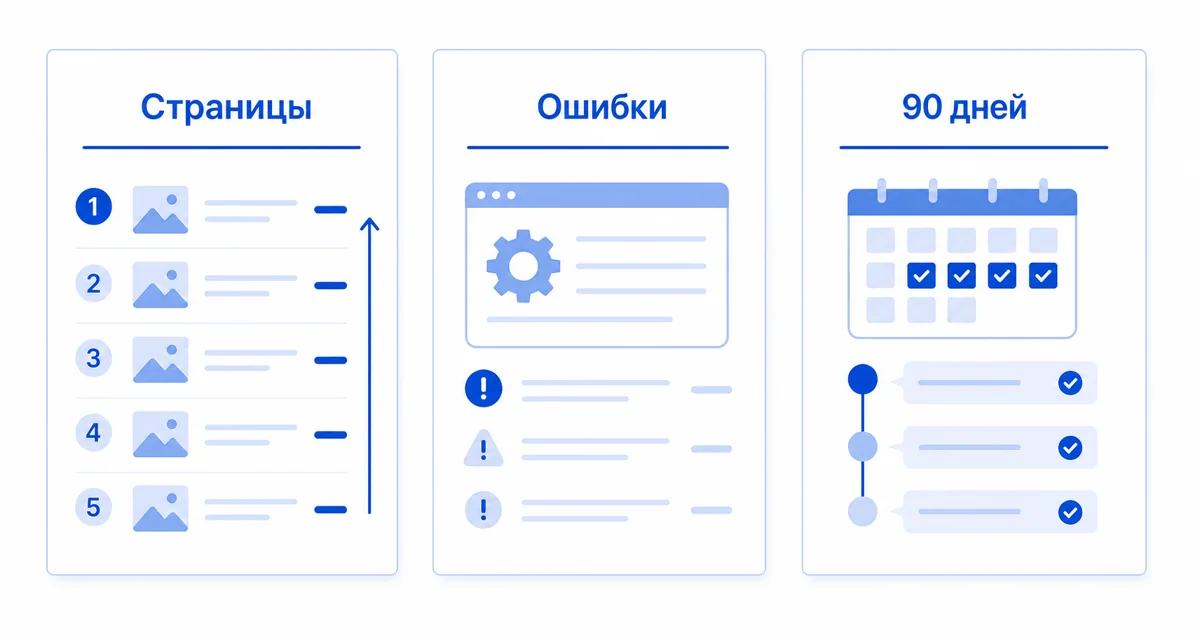 Три листа SEO-плана: страницы, ошибки и задачи на 90 дней