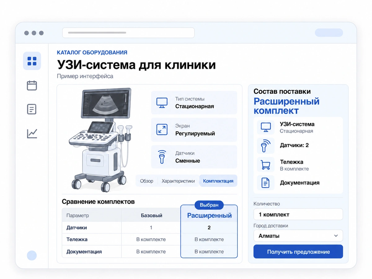 Дашборд каталога медицинского оборудования с характеристиками и составом поставки