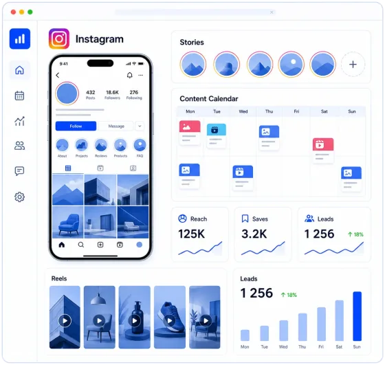 Светлый Instagram-дашборд с профилем, лентой, Stories, Reels, охватом и заявками