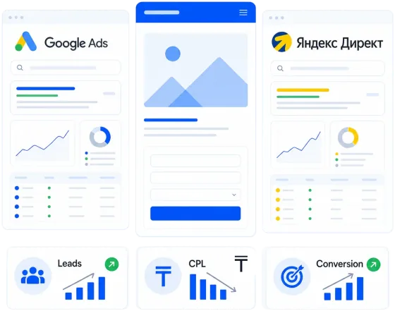 Отчет Google Ads и Яндекс Директ с кампаниями, бюджетом, стоимостью заявки и заявками