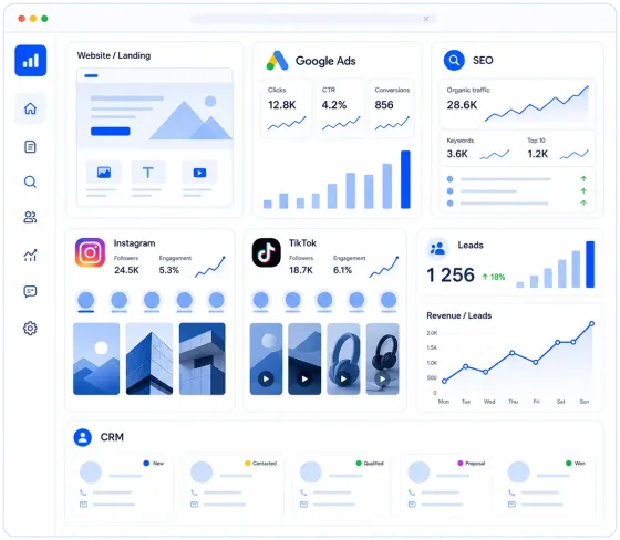 Светлый маркетинговый дашборд с сайтом, Google Ads, SEO, Instagram, TikTok, CRM и заявками
