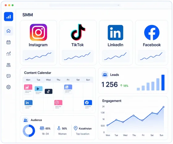 Светлый SMM-дашборд с Instagram, TikTok, LinkedIn, Facebook, контент-календарем и заявками