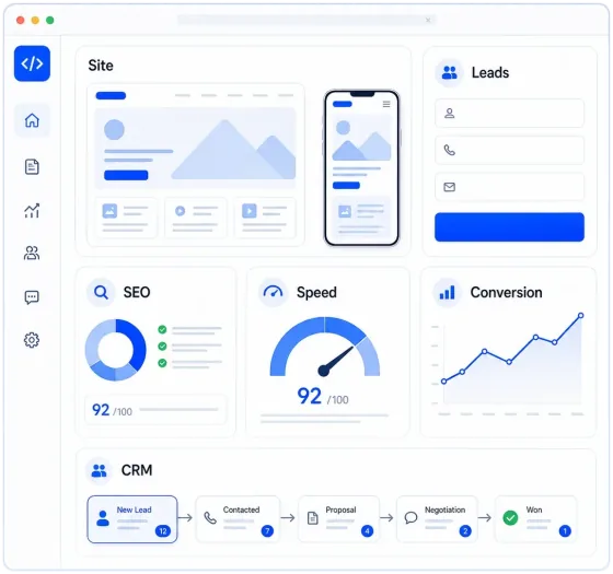 Светлый дашборд создания сайта с лендингом, телефоном, SEO, скоростью и заявками