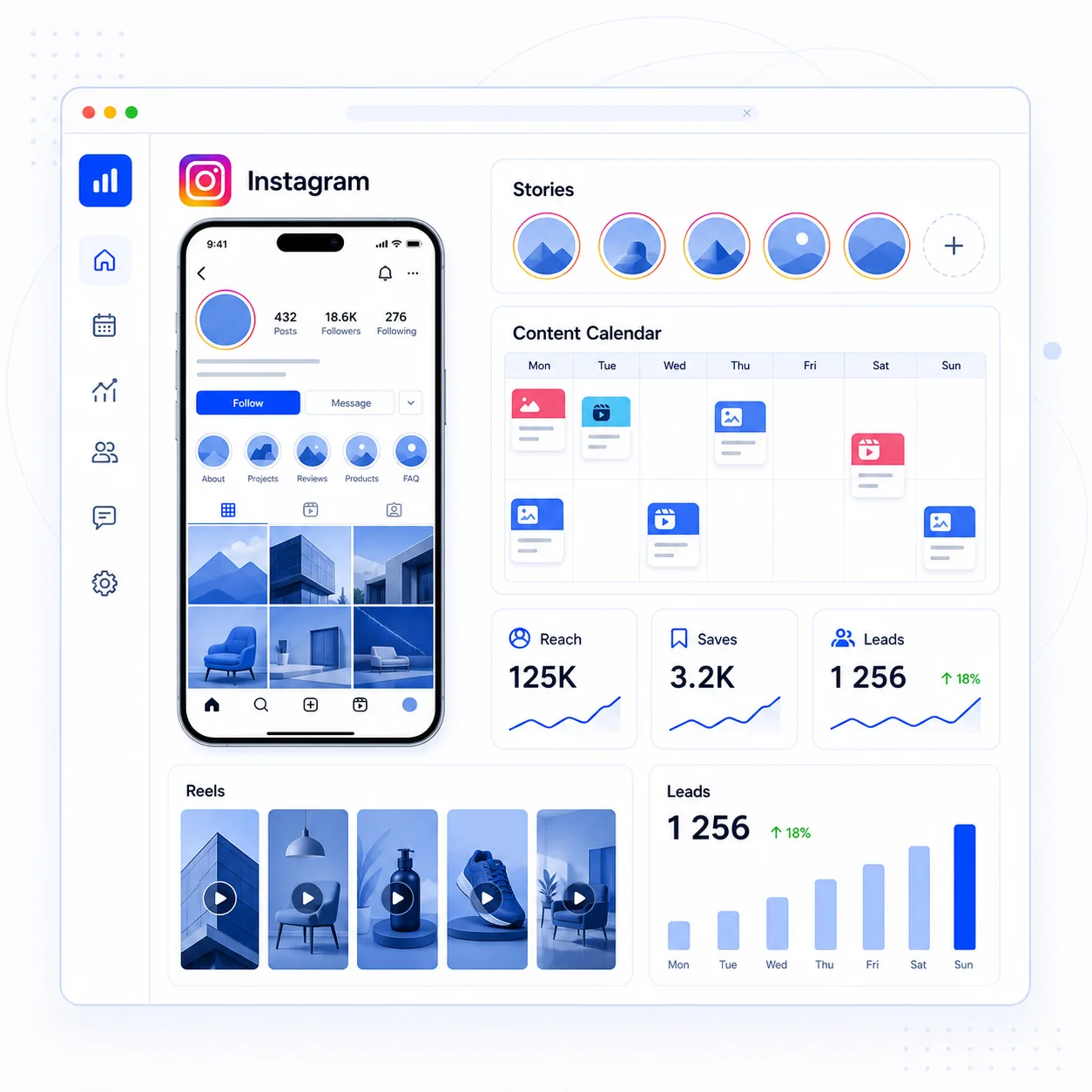 Светлый Instagram-дашборд с профилем, лентой, Stories, Reels, охватом и заявками