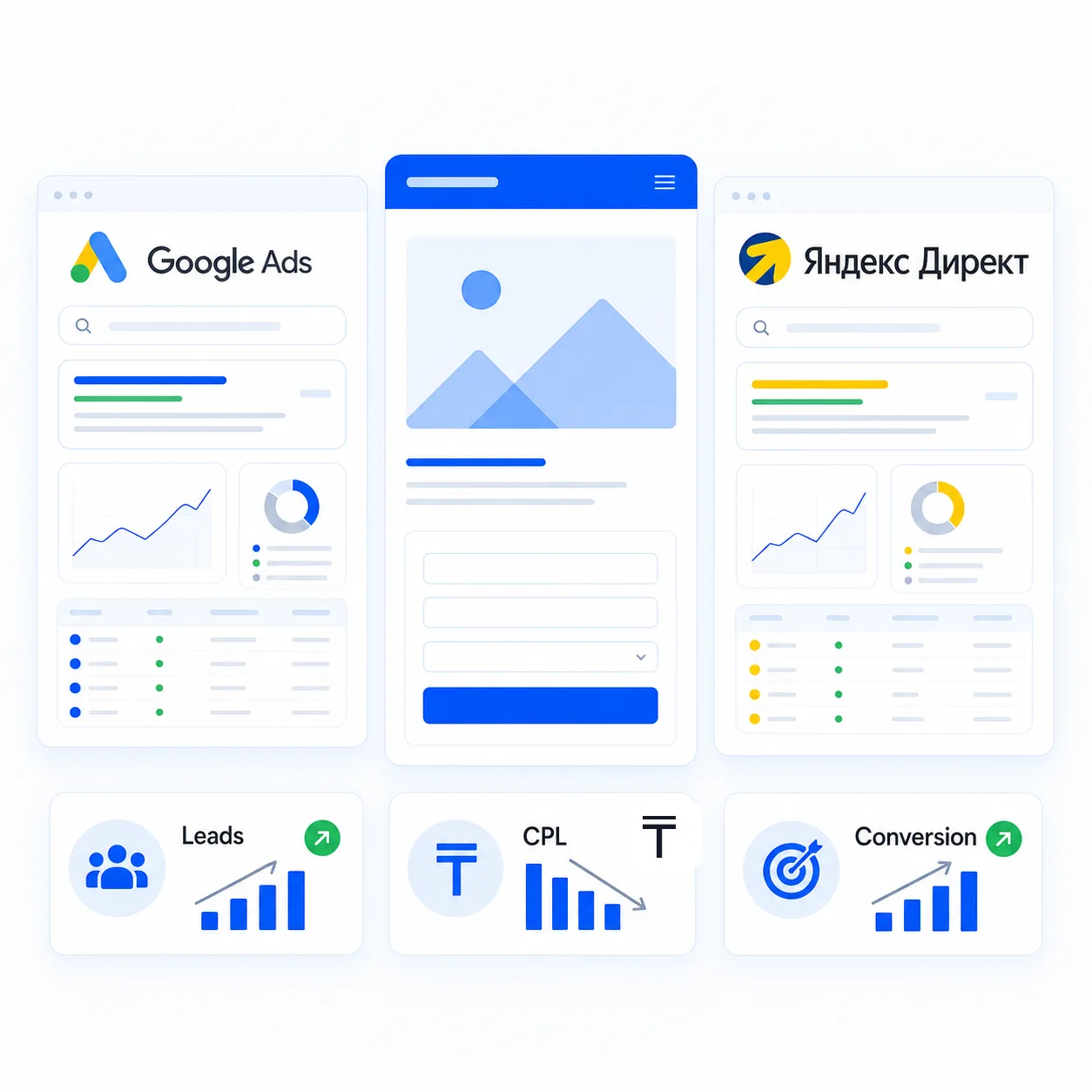 Дашборд Google Ads и Яндекс Директ с кампаниями, бюджетом, CPL и заявками