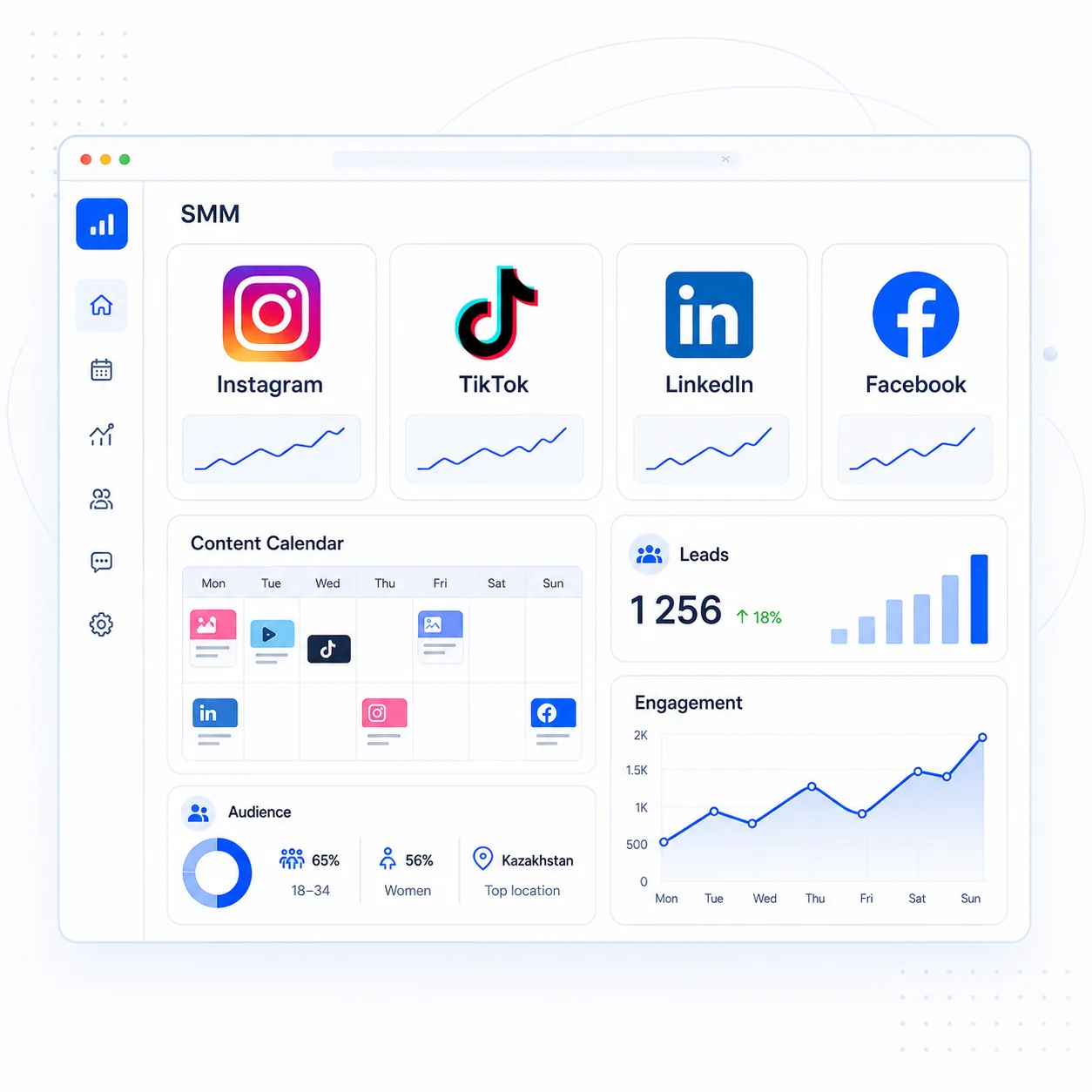 Светлый SMM-дашборд с Instagram, TikTok, LinkedIn, Facebook, контент-календарем и заявками