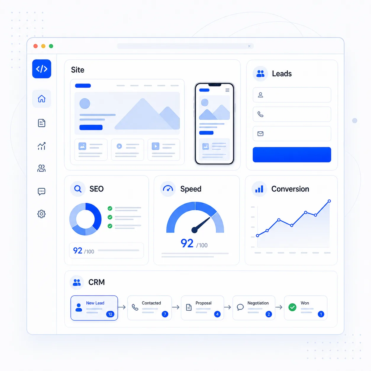 Светлый дашборд создания сайта с лендингом, телефоном, SEO, скоростью и заявками